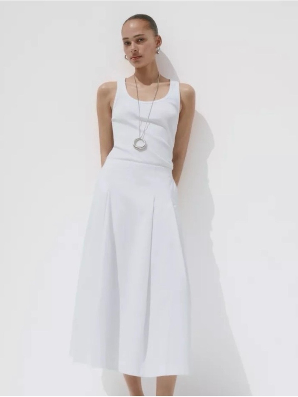 ZARA White Pleated Cotton Midi Skirt
